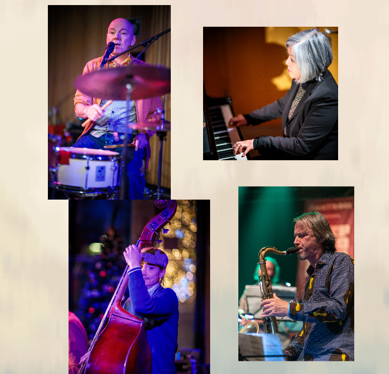 Collage aus vier Fotos, die einen Schlagzeuger, eine Pianistin, einen Kontrabassisten und einen Saxophonisten beim Spielen ihrer Instrumente zeigen.