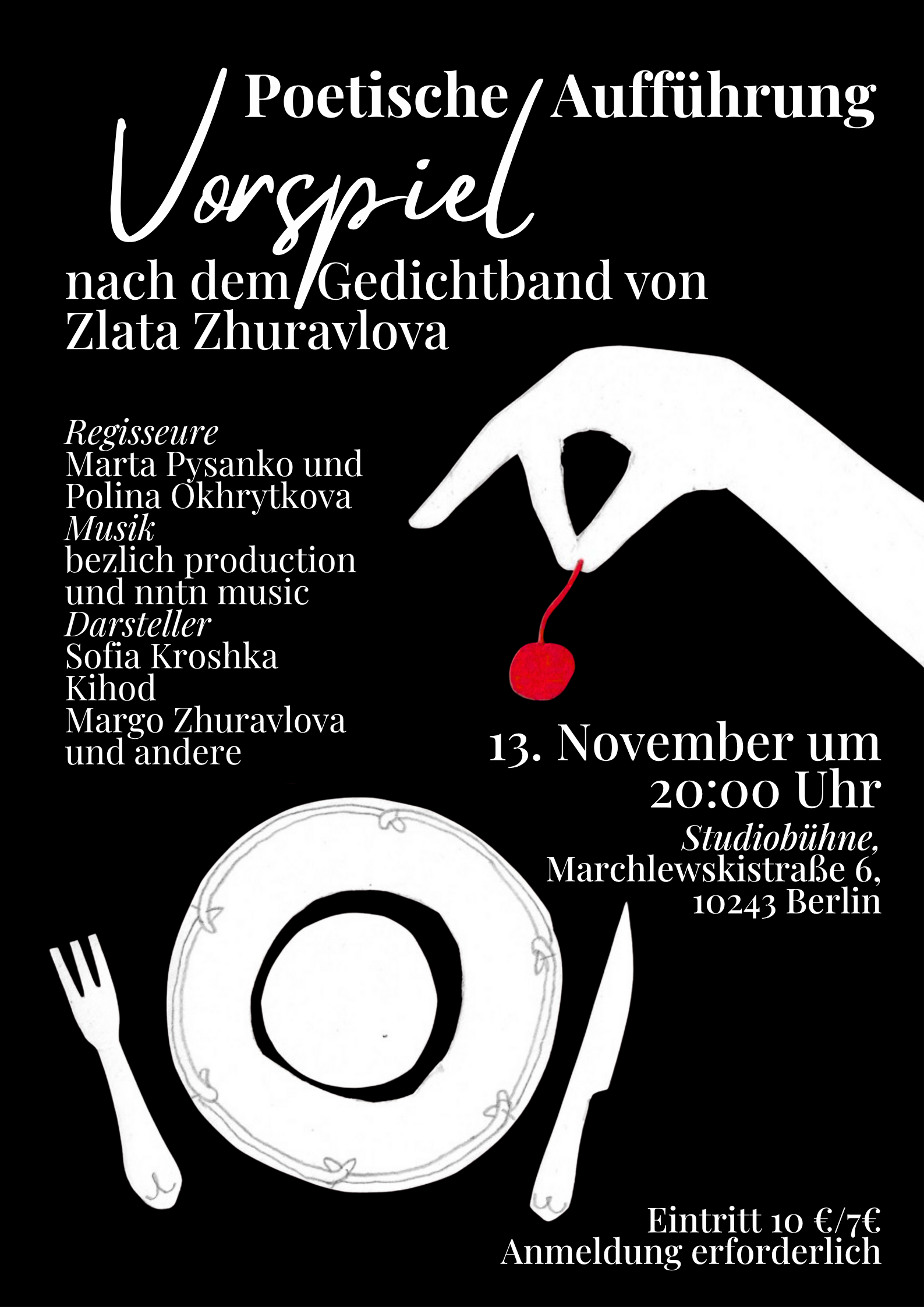 Plakat zur Veranstaltung - weiße Grafik und Schrift auf schwarzem Grund. Abgebildet sind ein Teller mit Messer und Gabel, dazu eine Hand, die gerade eine rote Kirsche auf den Teller legt.