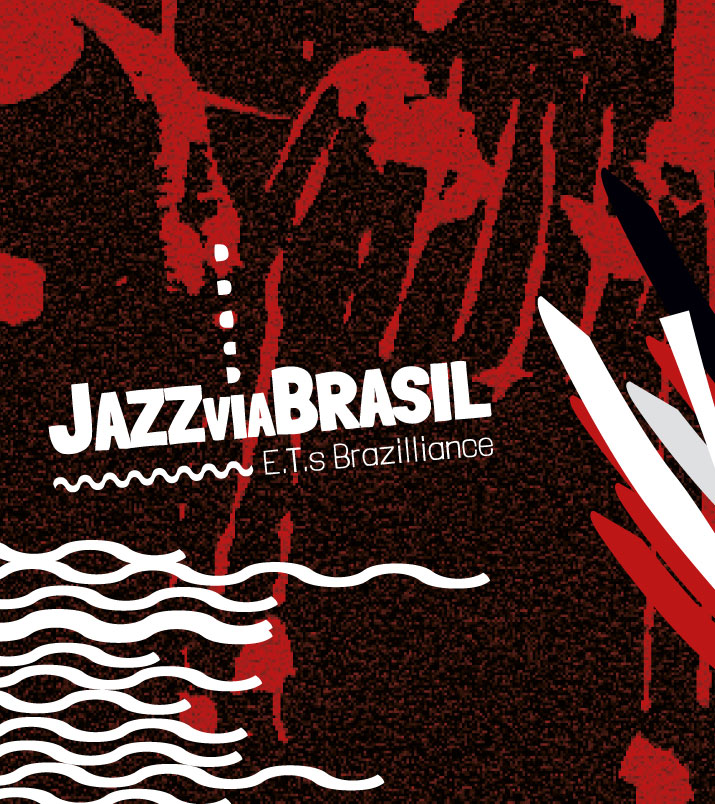 Logo von JAZZviaBRASIL auf abstraktem Hintergrund mit Wellen und Linien in rot, schwarz und weiss