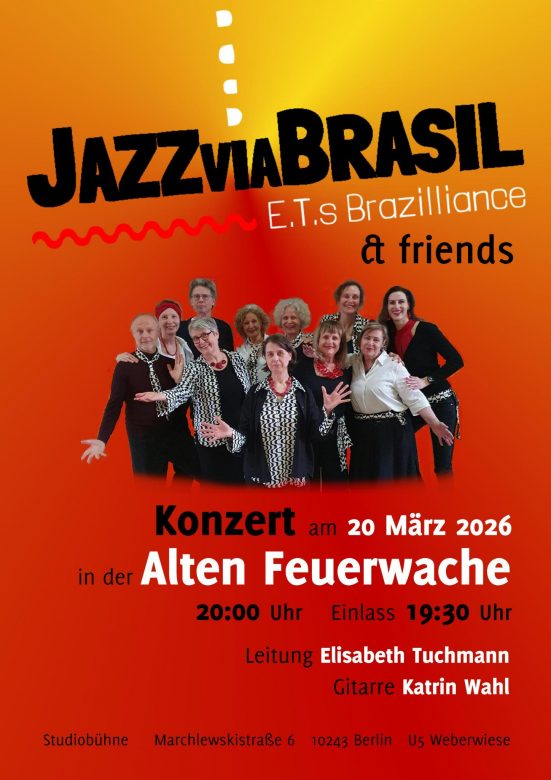 rot-orangenes Plakat zum Chorkonzert "Jazz via Brasil" mit einem Gruppenfoto der elf Chormitglieder in der Mitte