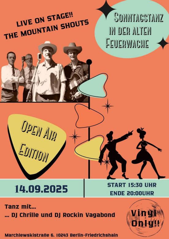 Plakat mit der Ankündigung des Konzerts von The Mountain Shouts mit einem Foto von vier Musikern, von denen zwei Cowboy-Hüte tragen.