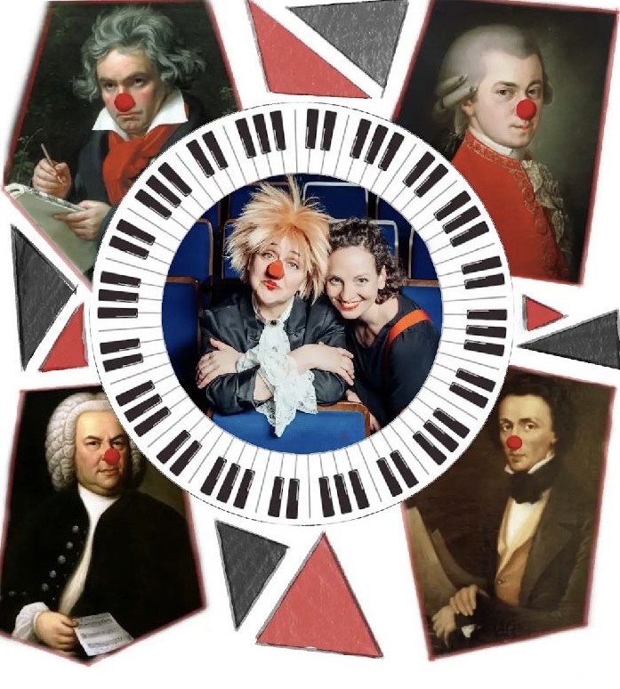 Collage verschiedener Bilder von klassischen Komponisten. In der Mitte ein Bild vom Künstlerpaar mit Kostüm und roter Clownsnase.